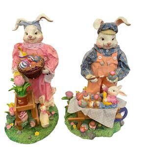 Fabric Mache Bunny Couple Rabbit Resin Easter Spring Decor Hand Painted READ
